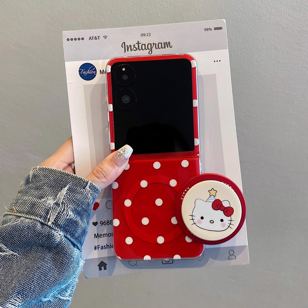 Samsung Galaxy Z Flip7 mixflip2 เคสโทรศัพท์หน้าจอพับลายจุดสีแดง hello Kitty แมววงเล็บดูดแม่เหล็ก Zflip6 flip5 flip4 flip3 pocket2 purax เคสป้องกันป้องกันการตก