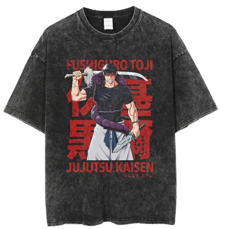 Distressed Japanese Style Spell Short T-Shirt Zhaner Retro Cartoon Print COD More Washed Black Back 