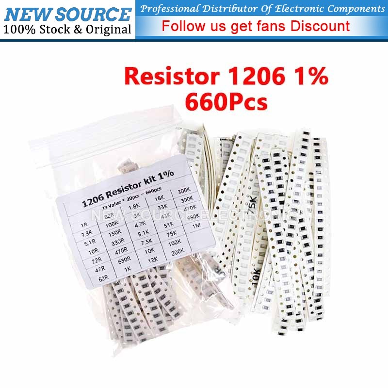 [660PCS] 1206 SMD Resistor Assorted Kit 33ValuesX 20PCS 1% 1R 1M 100R 100K 47R 33R 22K 10K 680R Ohm