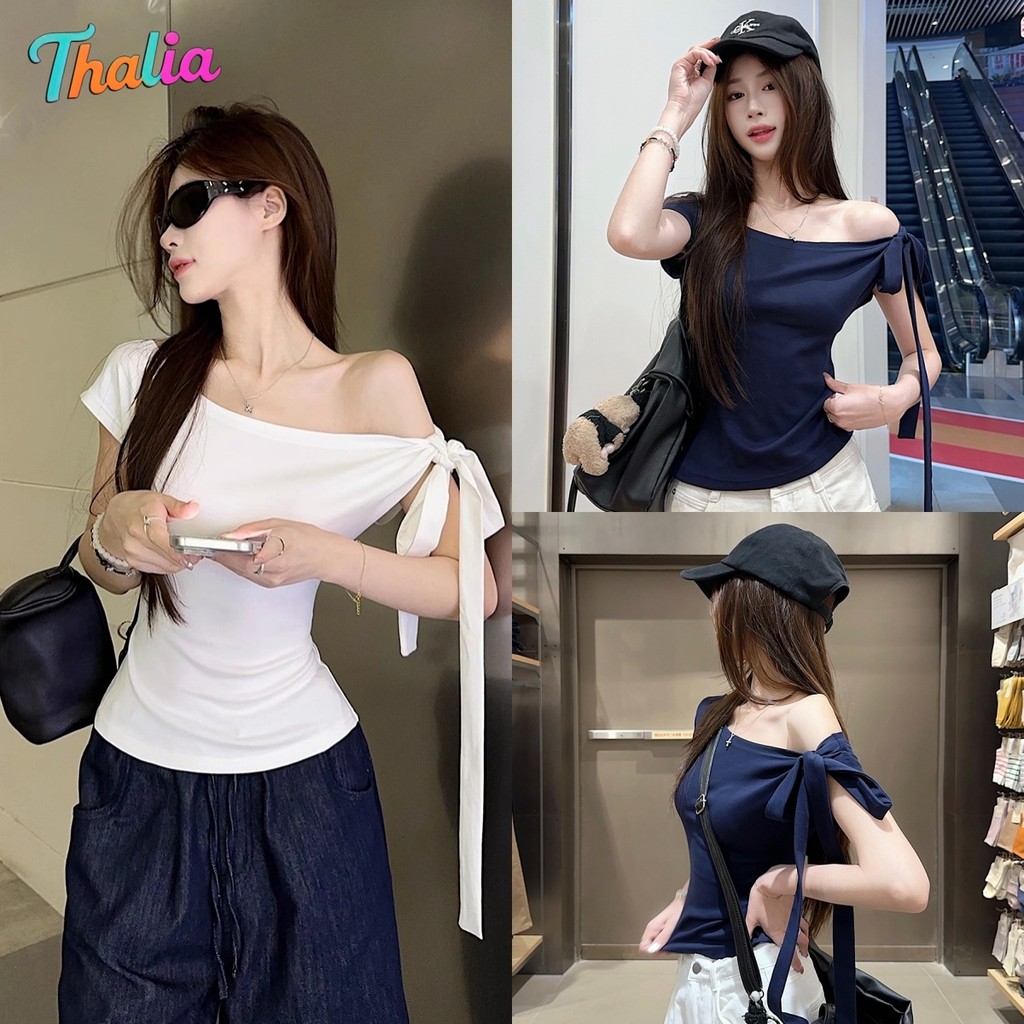 Thalia-เสื้อยืด ปาดไหล่ แขนสั้น สีพื้น สลิมฟิต ผ้าร่องสายข้าง สไตล์เกาหลี แฟชั่น มินิมอล ใส่สบาย – โปรปัง