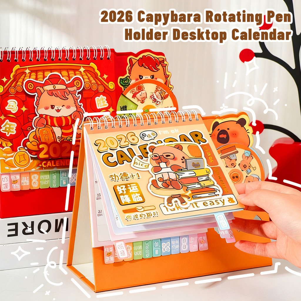 คาปิบาระ ปากกาหมุนแทรกปฏิทินตั้งโต๊ะ 2026 กระดาษแข็งสีขาวทนทาน | ตุลาคม 2025-เดซมเบอร์ 2026 ช่วงวันท