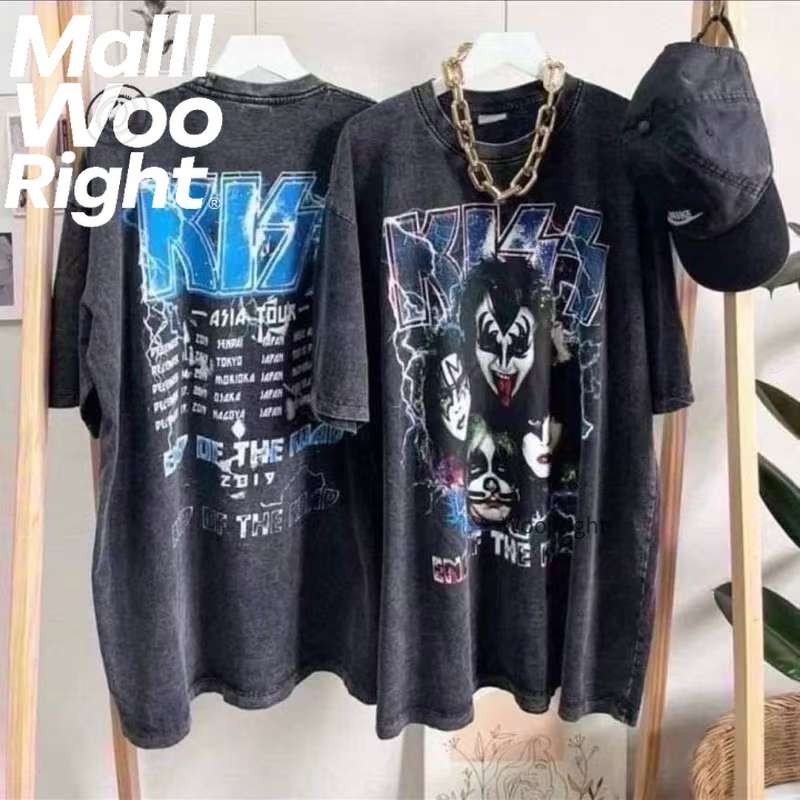 (จัดส่งตลอด 24 ชั่วโมง)Woo Right ผู้ชายใหม่สีดำฟอกขาวเสื้อยืดคอกลม "KLSS" พิมพ์เสื้อวินเทจทำเก่าด้าน