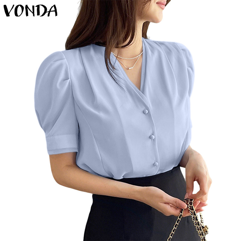 VONDA ผู้หญิงเกาหลีลําลองคอวีสีทึบติดกระดุมแขนพองทอชุดทํางานเสื้อเชิ้ต