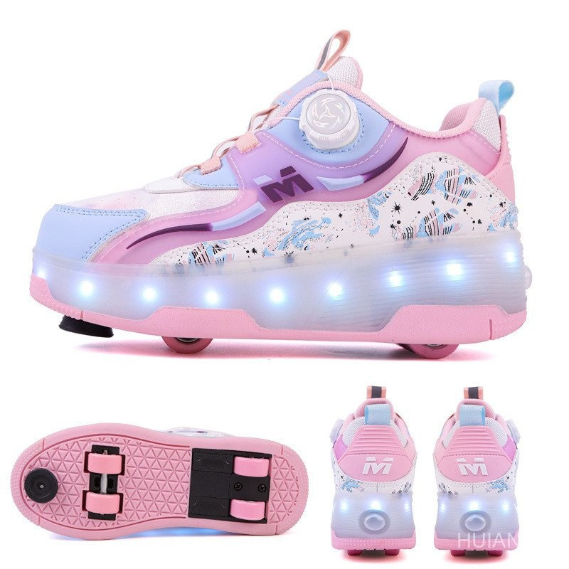 (เวอร์ชั่นคุณภาพดีที่สุด)Eight-Wheel Hidden Heelys Childrens Light-Up Roller Skates Boys Four-Wheel 