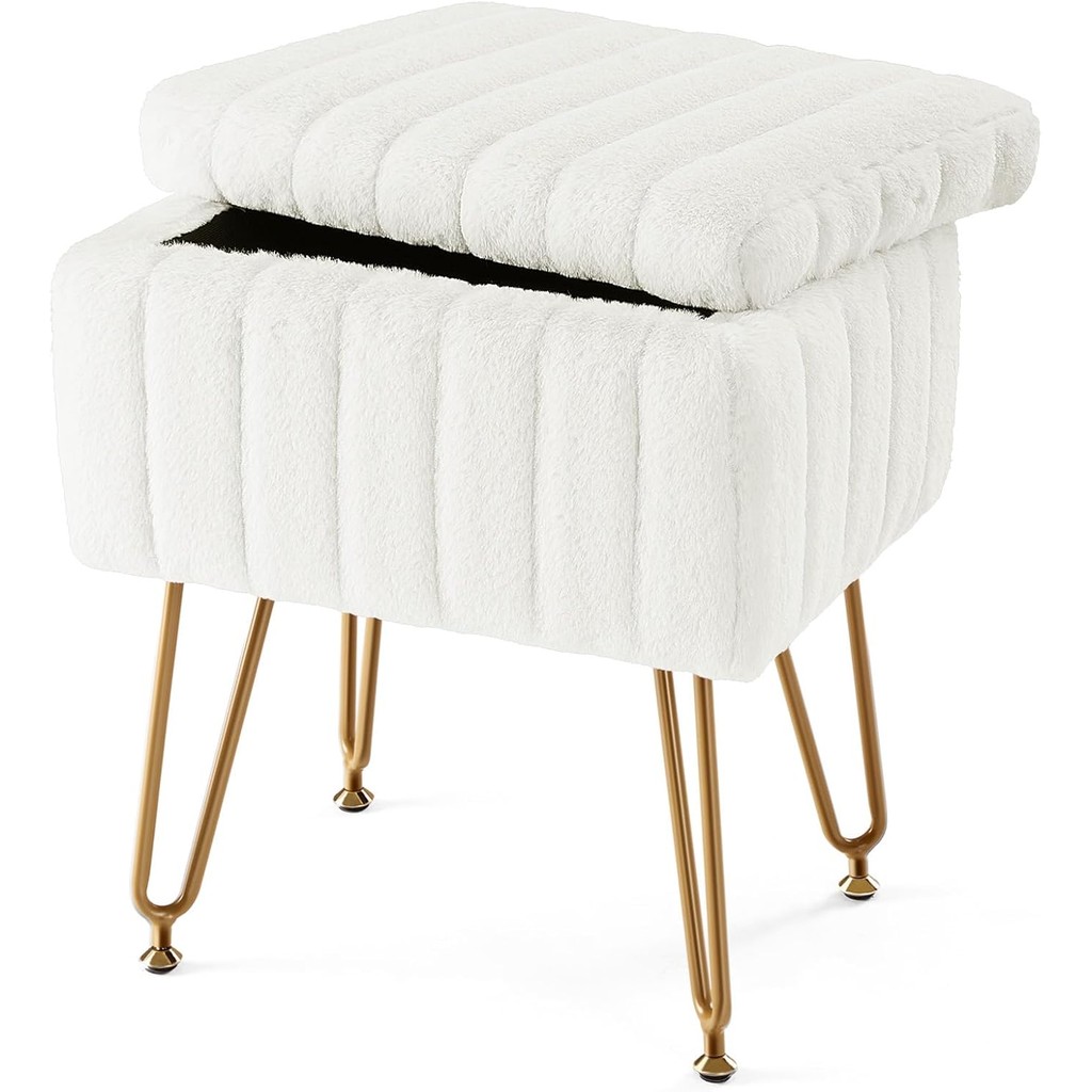 Sweetcrispy Vanity Stool Chair with Storage, 18.9”H x 16”L x 12.2”W Ottoman Chair Faux Fur Soft Padd