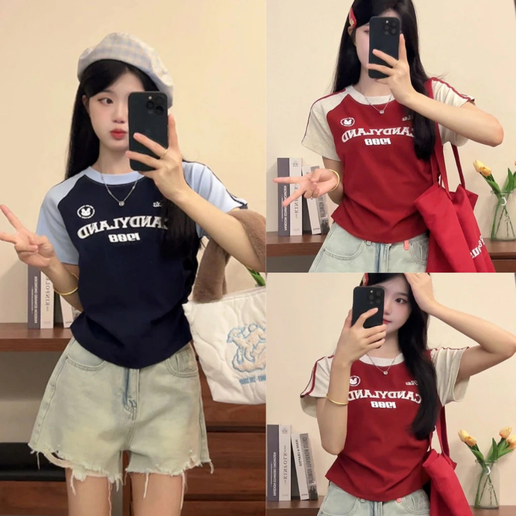 Bella Shop เสื้อยืดแขนสั้นสไตล์อเมริกันย้อนยุคสำหรับผู้หญิง น่ารัก เย็บตะเข็บสีแดงและสีขาว แขนสั้นสองแถบ เสื้อตัวบน