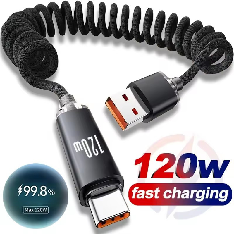 สาย USB C แบบยืดหดได้ 120W ชาร์จเร็ว Type C ถึง Type C, เครื่องชาร์จเดินทางแบบพกพาแบบถักสําหรับโทรศัพท์แท็บเล็ตแล็ปท็อป, การออกแบบที่ทนทานพร้อมกําลังสูง
