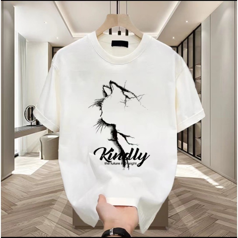 2025 NEW 2025 White Short Sleeve T-Shirt for Women 2025 New Summer Loose Cat Print Half Sleeve Color