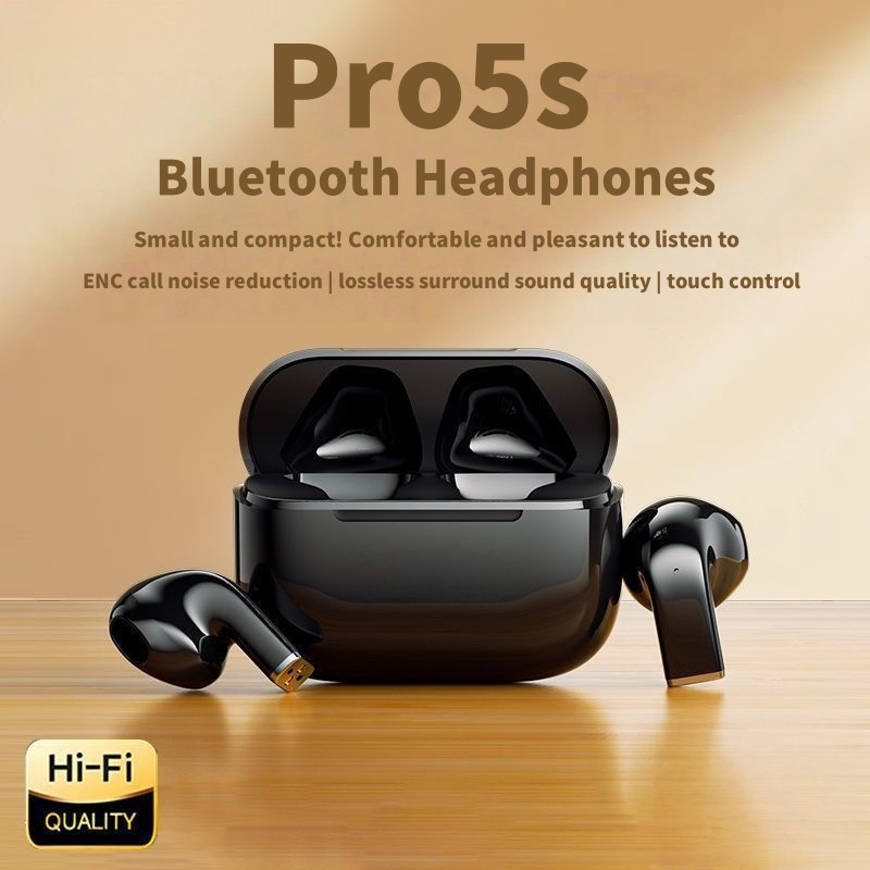 หูฟังไร้สายขนาดเล็ก Pro5s ในหูบลูทูธ การออกแบบที่จับสั้นที่ไม่ซ้ำกัน ไมโครโฟนความละเอียดสูงสำหรับการโทร คุณภาพเสียงสเตอริโอ