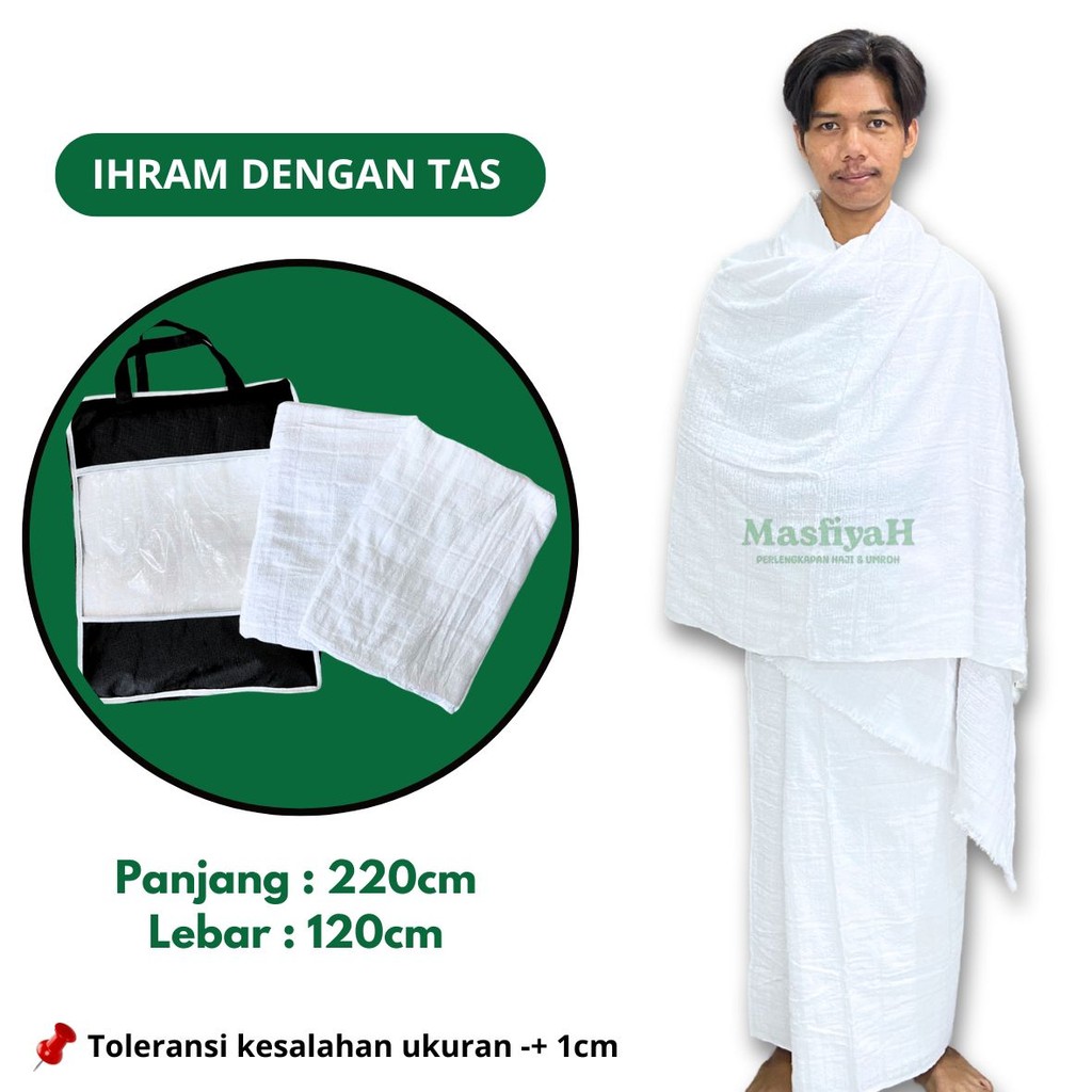 ผ้าฝ้าย IHMA ADULT IHRAM ผ้า + กระเป๋าสีขาว IHRAM ผ้า HAJJ UMRAH UMRAH UMRAH UMRAH EQUIPMENT สีขาว I