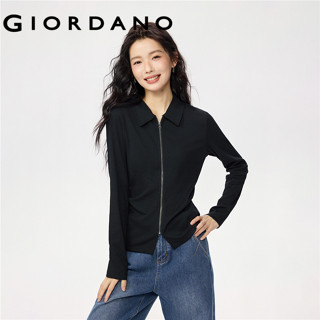 GIORDANO WOMEN Pleated waist zip front long sleeve rib polo …