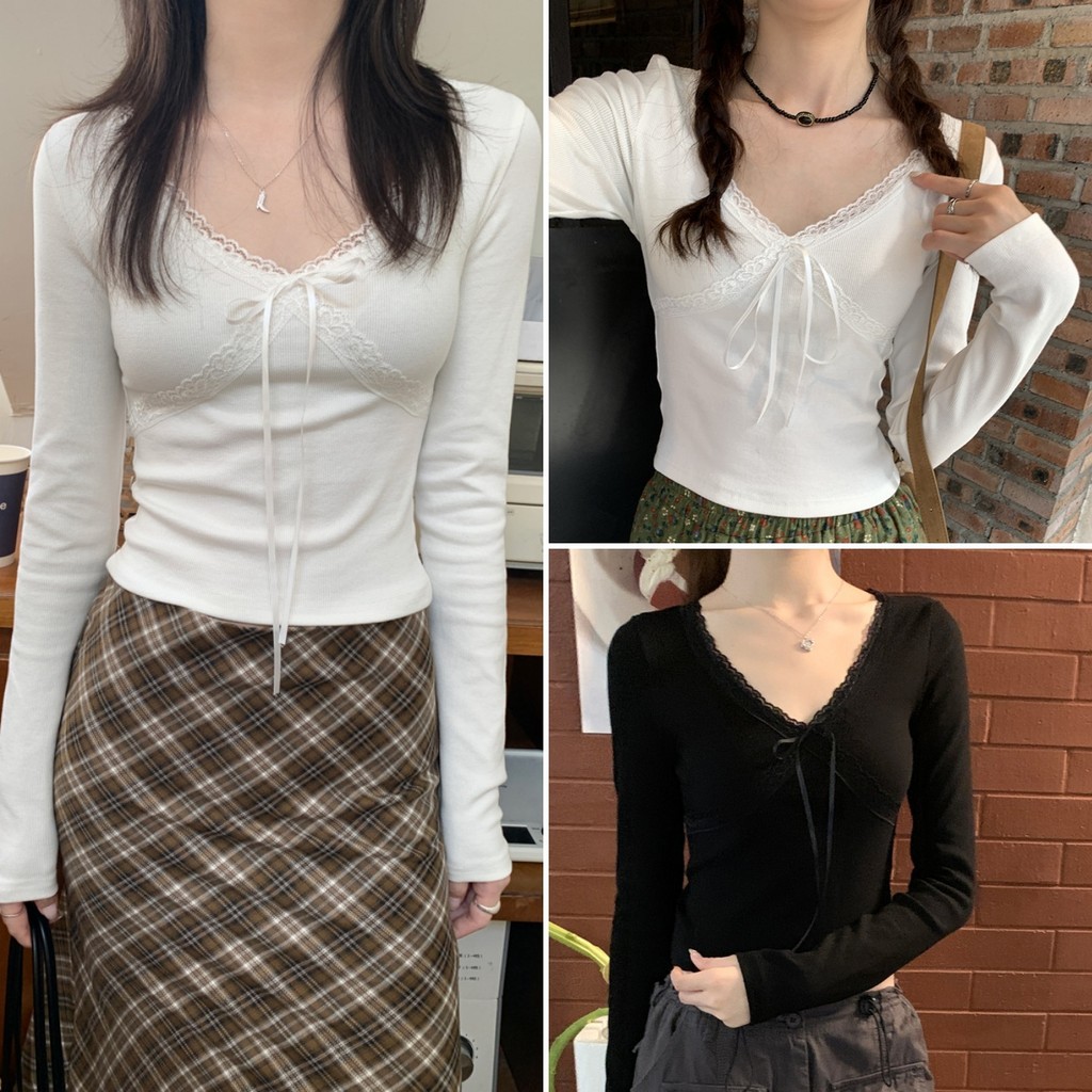 Hotgirl พร้อมส่ง เสื้อยืดแขนยาวผู้หญิง  เสื้อยืดเข้ารูป สไตล์ฝรั่งเศส เย็บลูกไม้ สไตล์สั้น ตกแต่งโบว์
