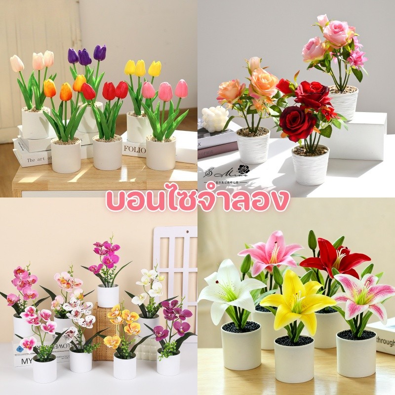 🌷ดอกทิวลิปปลอม 25cm กระถางทิวลิป บอนไซจำลอง กระถางต้นไม้ขนาดเล็ก ของตกแต่งบ้าน ตกแต่งเดสก์ท็อป