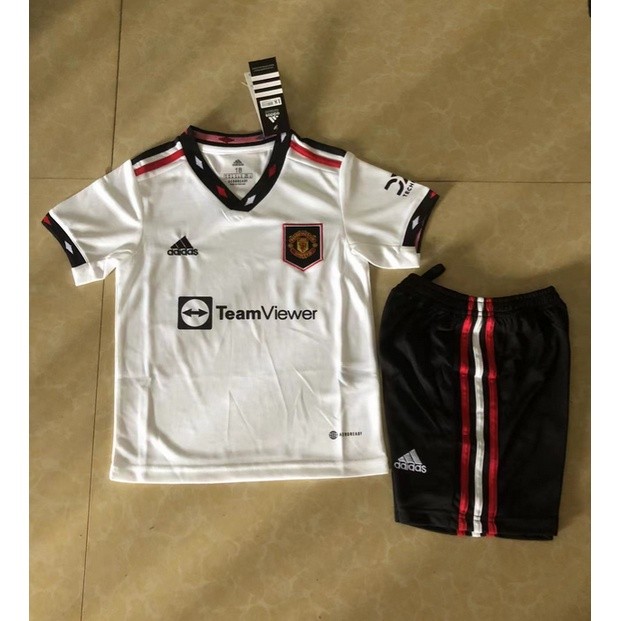 OP4 [ในสต็อก] 22/23 Hot Kids Manchester United Away Football Jersey Set White Jersey Short Sleeve To