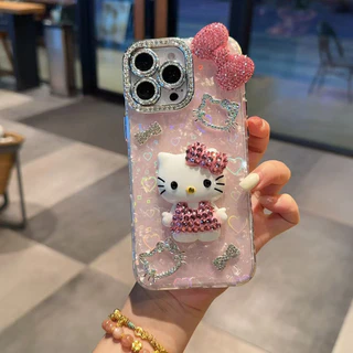IMD รูปแบบเลเซอร์เคสโทรศัพท์สําหรับ iPhone 17 15 16 14 13 11 12 Pro Max แฟชั่น Kitty Cat Bow Diamonds ฝาครอบป้องกัน