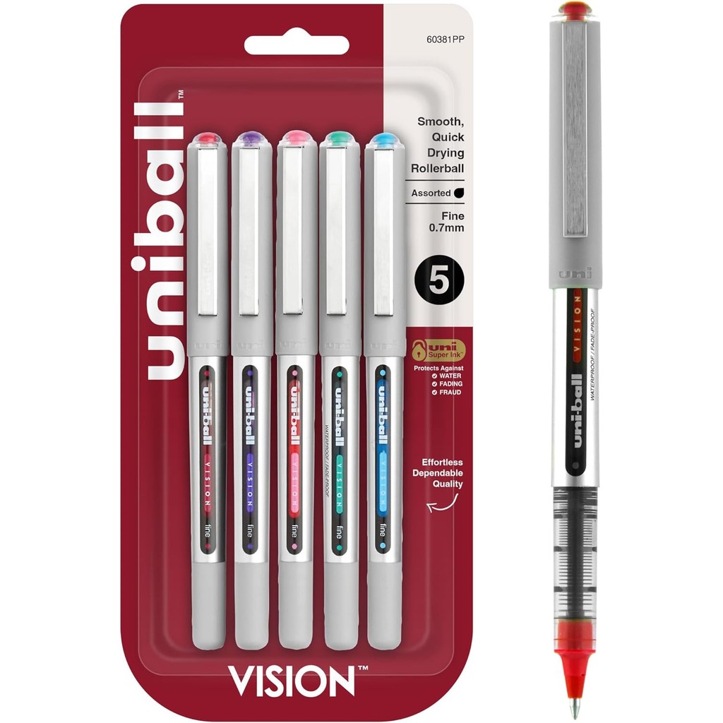 Uni-Ball 60381PP Vision Rollerball Pens, Fine Point (0.7mm), สีแฟชั่น, 5 Count