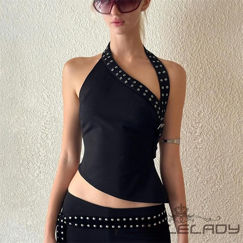 LTL-ผู้หญิงไม่สมมาตร Studded Straps Slim Fit คอเอียง Going Out Halter Tops