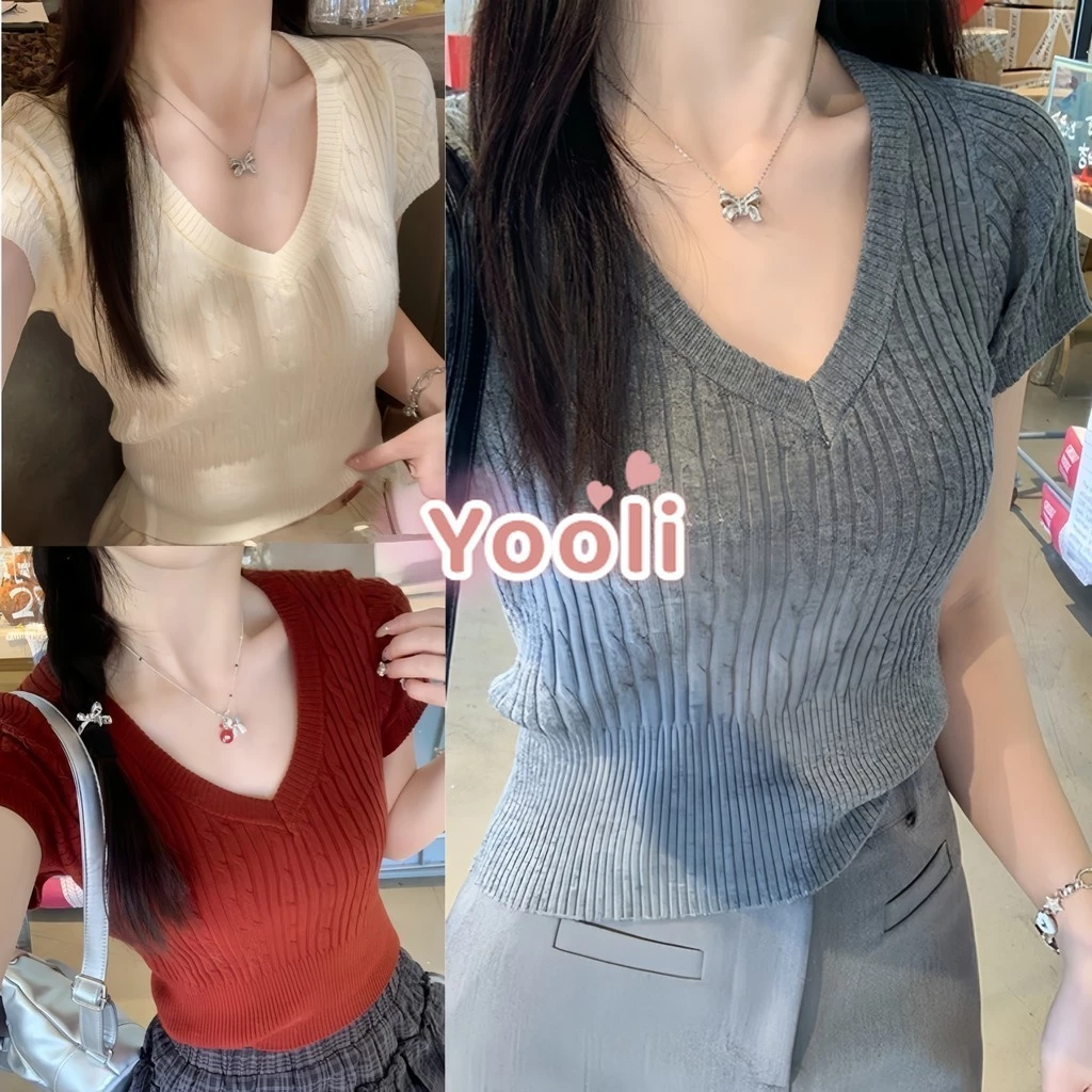 เสื้อคอวีไหมพรม แขนสั้นครอป ยืดพอดีใส่ง่าย สไตล์เกาหลี หรูหรา เสื้อแฟชั่นผู้หญิง - W-G013