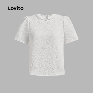 Lovito สง่างาม เสื้อบลุสโสลายจาคการ์ดไข่มุก สบายและนุ่มนวล เสื้อบลูสซีสำหรับฤดูใบไม้ผลิ/ฤดูร้อน สีขาว L137ED806