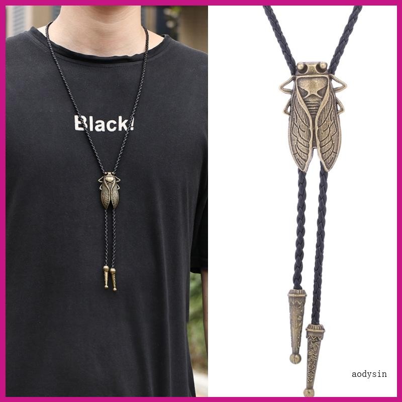 (ส่วนลดสูง)aodysin.th Braided Shoestring Cicada Bolo Tie with Metal Cicada Rodeo Cowboy Neckla
