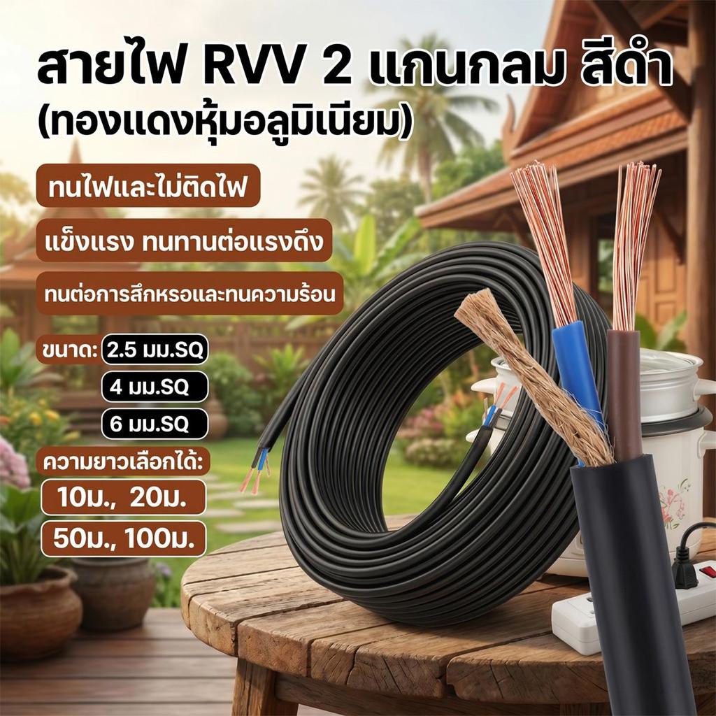 สายไฟกลมสีดำ RVV 2 แกน ขนาด 2.5/4/6 มม. SQ กันแดด ทนความเย็นจัด ทนอุณหภูมิสูง ความยาว 20/50/100 เมตร