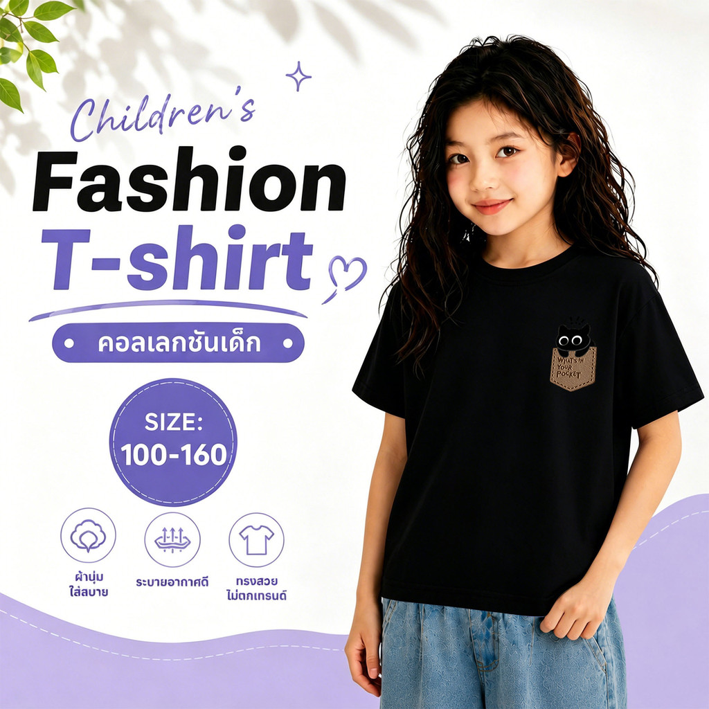 Yout-children เสื้อเด็ก เสื้อน่ารัก girl แขนสั้น สบายและนุ่ม 2-9 ขวบ พิมพ์ลาย  'cat Pocket' เหมาะกับฤดูร้อน COD