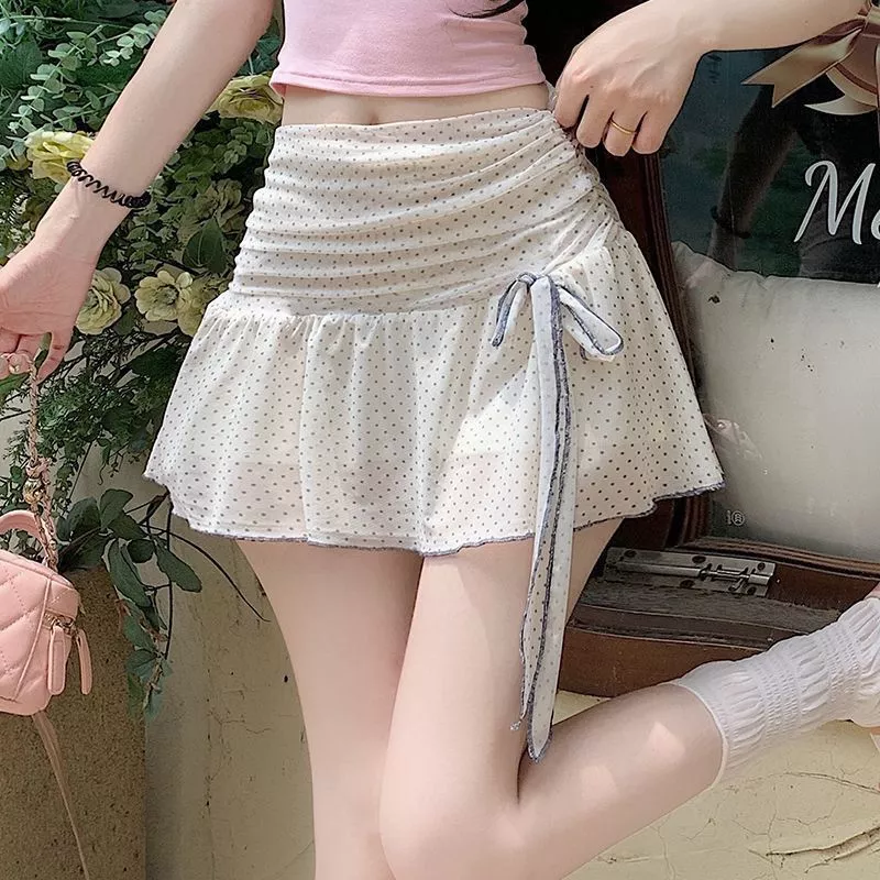 สไตล์เกาหลีผูกโบว์ลายจุดกระโปรงตาข่ายอเนกประสงค์สำหรับผู้หญิงฤดูร้อนกระโปรงเอวสูงพอง