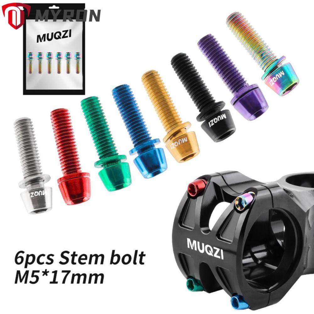 MYRON 6PCS Stem Bolts, M5x17 มม.MTB Road Bike Stem สกรู,คุณภาพสูงจักรยาน Handlebar พร้อมเครื่องซักผ้าไทเทเนียมชุบเหล็ก Stem Riser สกรู