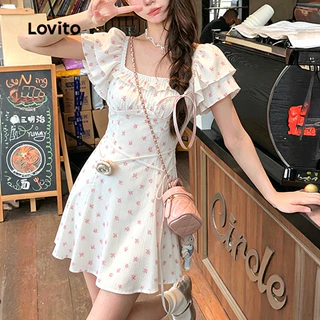 (New Arrival) Lovito ชุดเดรสลําลองสําหรับผู้หญิง มีซิปและระบาย ลายดอกแอปริคอต เหมาะสําหรับฤดูใบไม้ผลิและฤดูร้อน เกาหลี อินเทรนด์ L197AD120