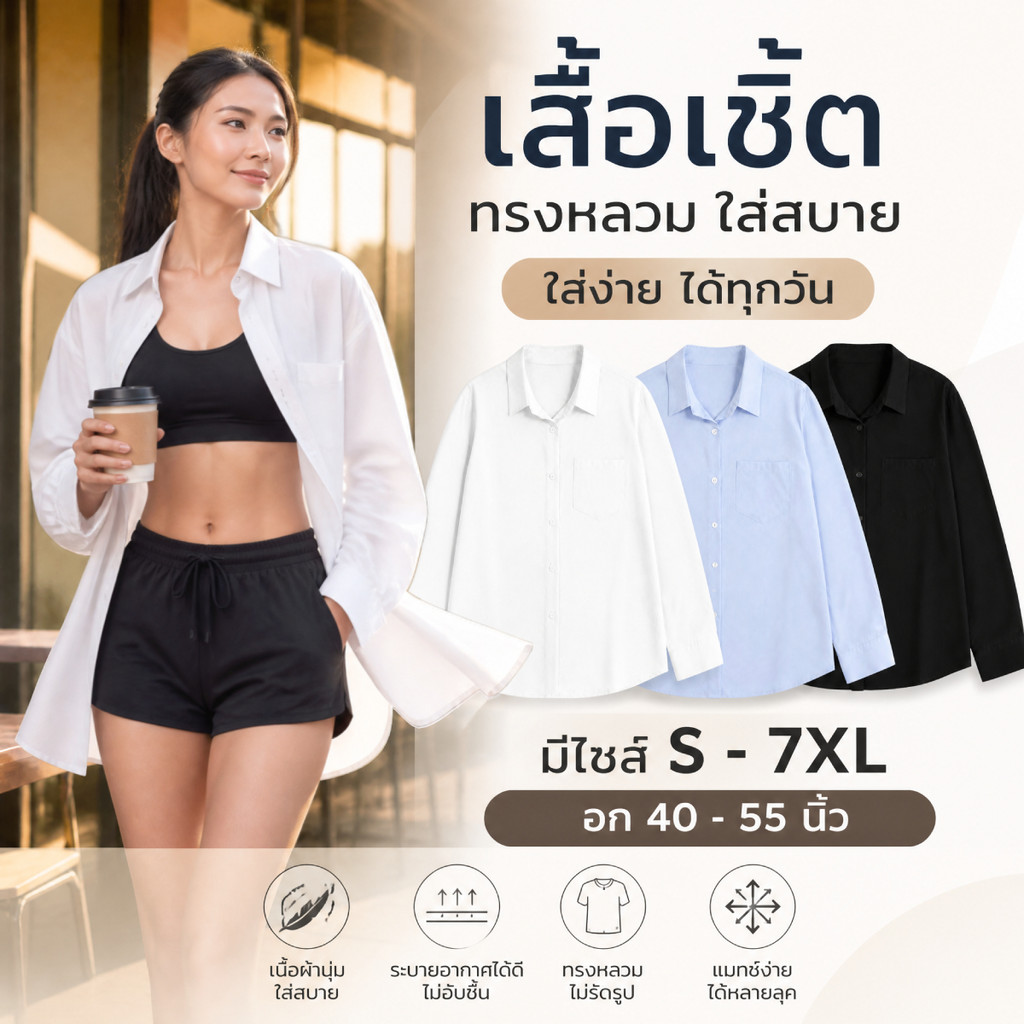พร้อมส่ง เสื้อเชิ้ตผู้หญิง  S-5XL โอเวอร์ไซส์  ใส่ทำงาน ผ้าคัตตอล อย่างดี