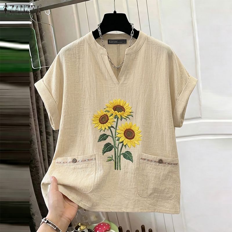 ZANZEA ผู้หญิงเกาหลี Retro Cottagecore V คอแขนสั้นออกแบบกระเป๋าดอกทานตะวันพิมพ์เสื้อยืดหลวม — صورة 4