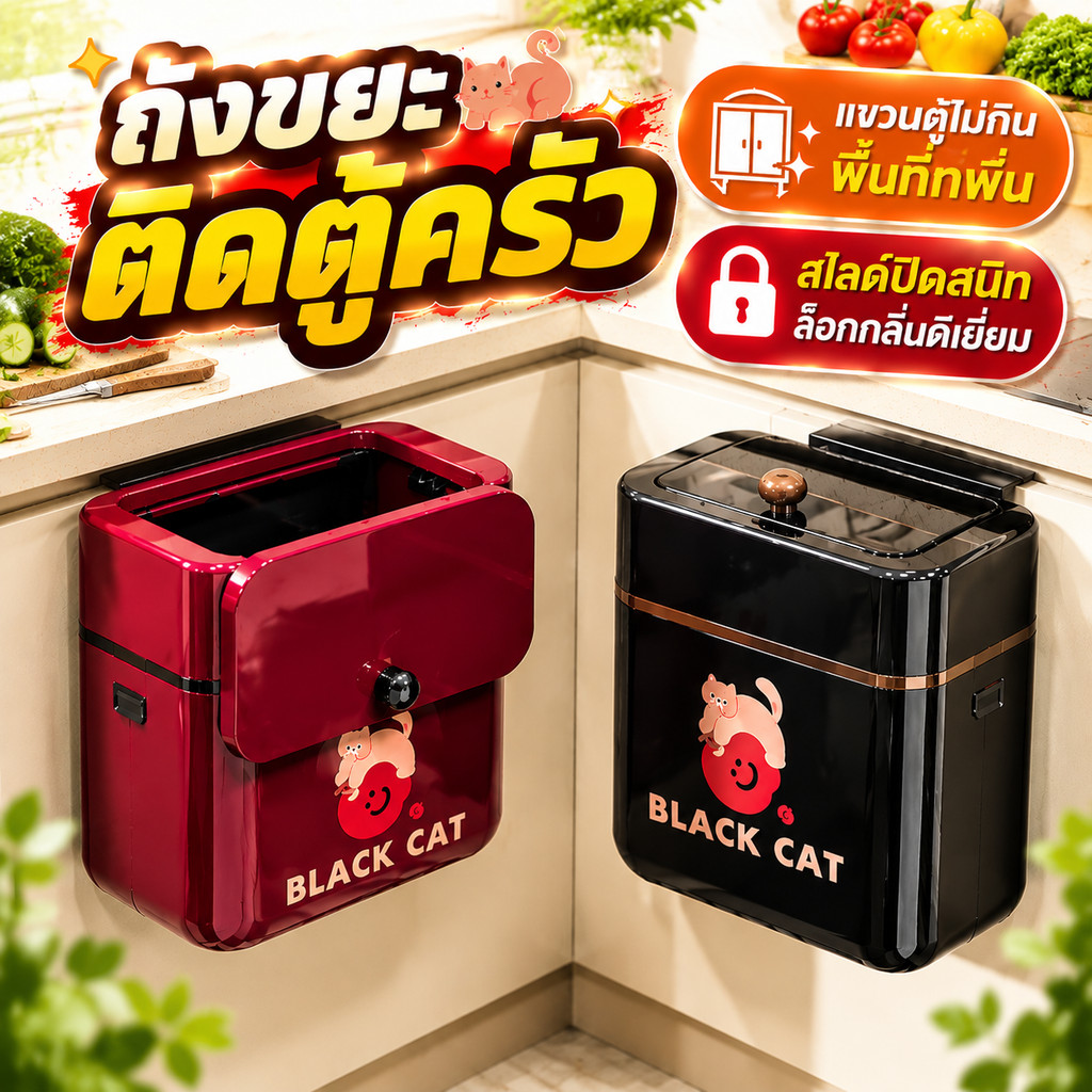 ถังขยะติดตู้ครัว มีฝาปิด กันกลิ่น วัสดุพลาสติก PP ABS มีหลายสี 2 ขนาด