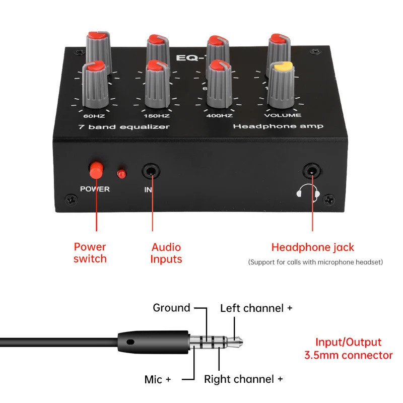 EQ-7 DC5-12V 7 Stage Equalizer เครื่องขยายเสียงสูงขนาดกลางต่ําปรับ Preamplifier เสียงสําหรับโทรศัพท์