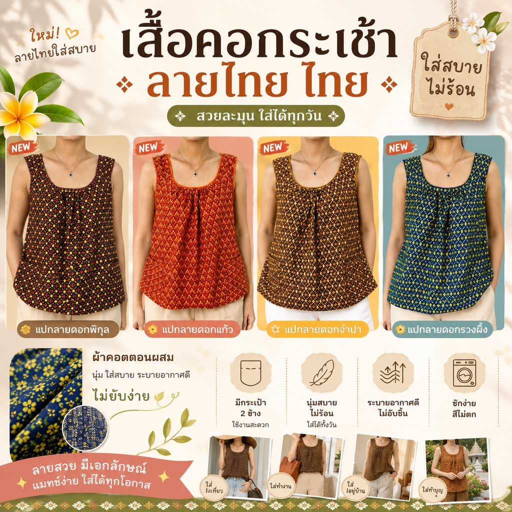 เสื้อคอกระเช้า แบบคอถัก ลายไทย ผ้านิ่ม ผ้าคอตตอน มีกระเป๋า 2 ข้าง เสื้อคนแก่ ผู้หญิง G01