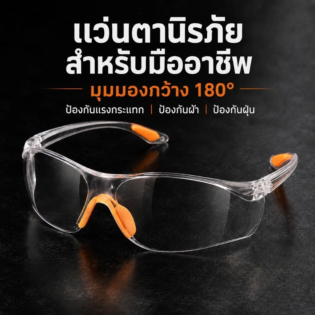 แว่นตานิรภัยกันฝุ่น กันฝ้า กันลม เลนส์ใส 180องศา มองชัด ทนแรงกระแทก กรอบนุ่ม ไม่กดจมูก แล็บ จักรยาน โรงงาน
