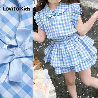 Lovito Kids Casual Girl Skirt Sets Bow Ruffle Tiered Layer Spring/summer Blue Skirt Sets L186LD274