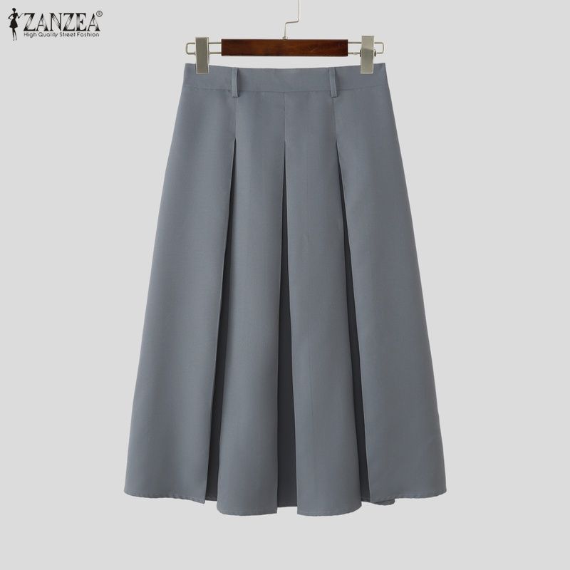 ZANZEA ผู้หญิงเกาหลี Elegant Official Office OL เอวสูงจีบ Solid Midi A-Line Oversirt — صورة 8