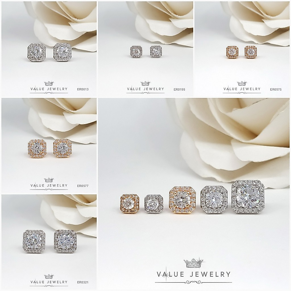 ต่างหูแป้น คริสตัลกลม ล้อมเพชรละเอียด ขนาด10มิล ตุ้มหู เครื่องประดับ ER0573 ValueJewelry