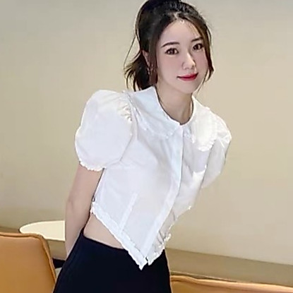 Rommers เสื้อเชิ้ตแขนพัฟ คอตุ๊กตา ตัวสั้น สไตล์วินเทจ