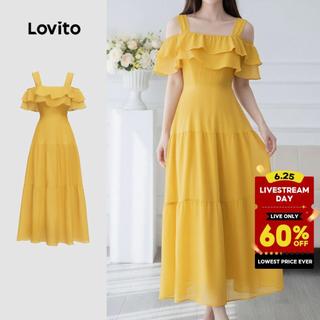Lovito Elegant Women Dress Ruffle Tiered Layer Comfy yet Stylish Spring/summer Yellow Dress LK4ED1770