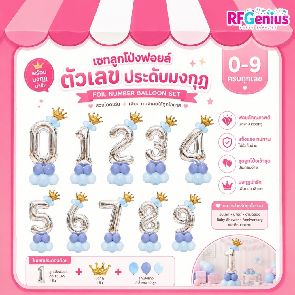 (สินค้าพร้อมส่งจากไทย) เซทลูกโป่งฟอยล์ตัวเลขสีเงิน ประดับมงกุฏทอง ตัวเลขตัวเกิด ปาร์ตี้วันเกิด 👑 (N37)