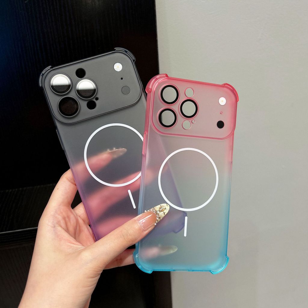 เหมาะสําหรับ ไอโฟน17โปรแม็กซ์ เคสโทรศัพท์สี่มุมกันกระแทกถุงลมนิรภัยไล่โทนสีกรณี แอปเปิล 13/14 แม่เหล็กแม่นยําหลุม