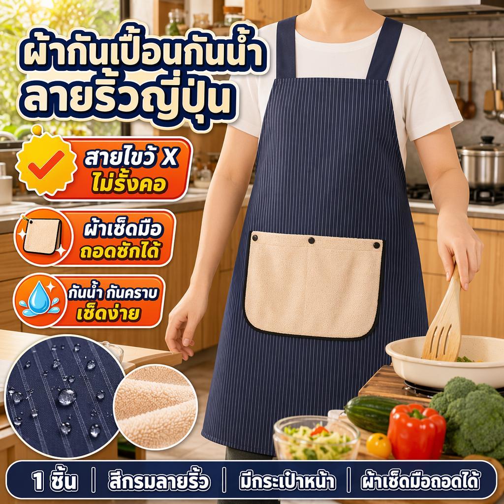 ผ้ากันเปื้อนใหม่ ผ้ากันเปื้อน กันน้ำ พร้อมผ้าเช็ดมือถอดออกได้ มีกระเป๋าหน้า จุของได้เยอะ เหมาะใช้ทำครัวบ้าน