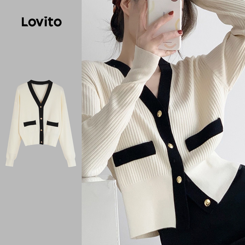 Lovito สง่างาม เสื้อคาร์ดิแกนแบบติดกระดุมสีบล็อกสำหรับฤดูใบไม้ผลิ/ฤดูร้อนสีแอปริคอตสำหรับผู้หญิง LNA109009