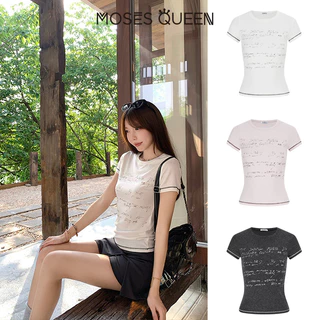 MOSESQUEEN มอสเซควีน เสื้อยืดแขนสั้นพิมพ์ลายตัวอักษรสไตล์อเมริกันดีไซน์คอกลมเข้ารูปเหมาะกับผู้ชาย #63748