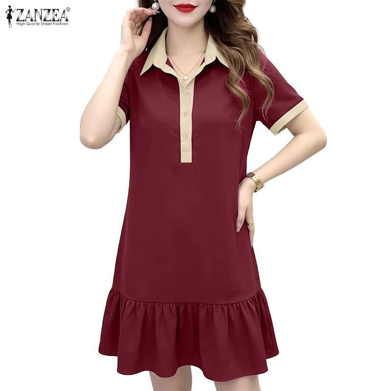 ZANZEA ชุดเดรสแขนสั้น A-Line แฟชั่นเกาหลีผู้หญิง