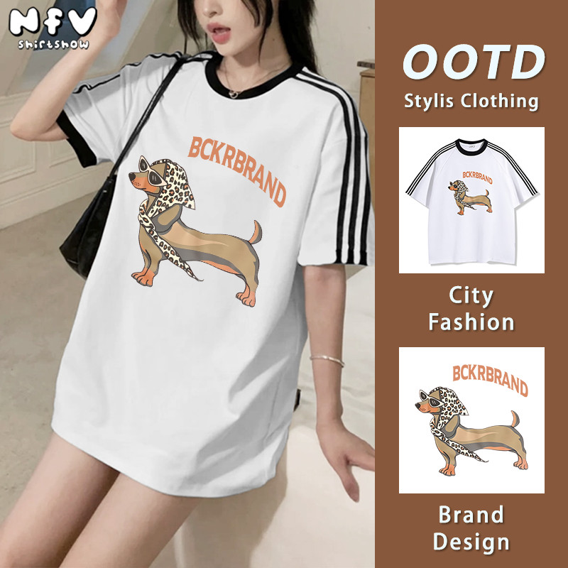 NFV เสื้อยืดแขนสั้นคอกลม💖แฟชั่นเกาหลี ระบายอากาศ ลายพิมพ์หมาดัชชุนน่ารัก ใส่สบาย ทรงหลวม YG1448