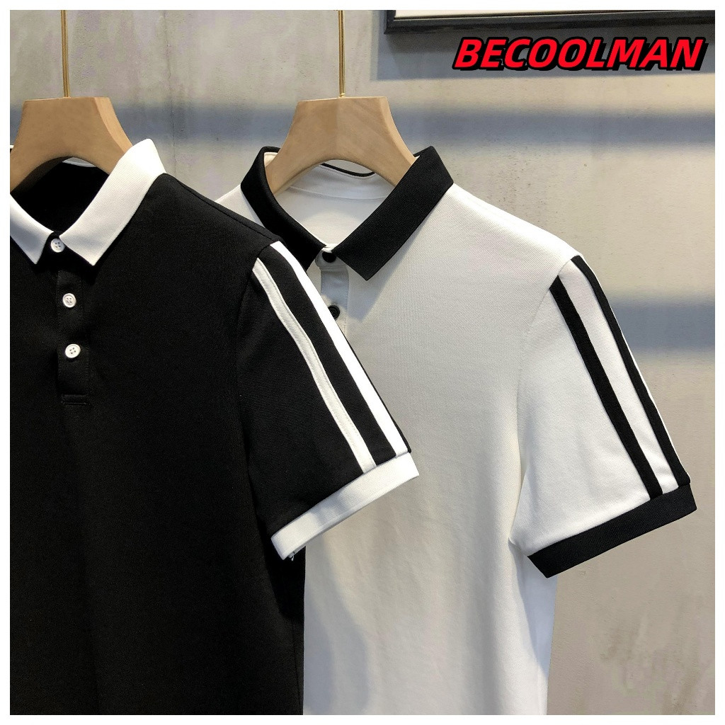 BECOOLMAN -รุ่นใหม่ สะพายไหล่ สีผสม ปกพับ POLOเสื้อ ผู้ชายอินเทรนด์ แนววินเทจ เข้ารูป แขนสั้น ลำลอง