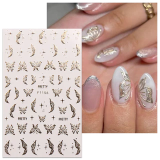 HAMA NAIL สติ๊กเกอร์ติดเล็บขายส่งผีเสื้อสีทองดอกไม้ Smile French Nail Glitter สติกเกอร์ตกแต่งเล็บ Decals เจ้าสาวงานแต่งงานเล็บ