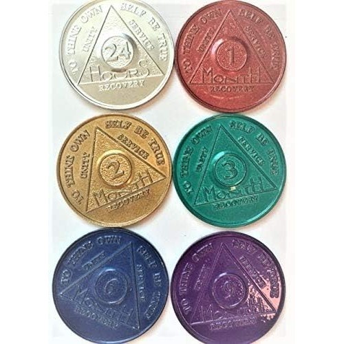 ชุดเหรียญ 6 ชิ้น ชิป Tokens - Medallion 24hr 1mo 2mo 3mo 6mo 9mo Commemorative โดย Sober Medallions 
